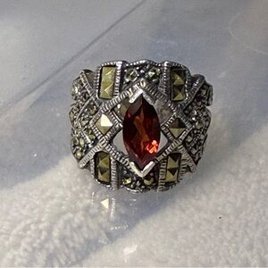 Art Deco 40's style garnet marcasite size 6.5 ring, ornate 925 silver pyrite